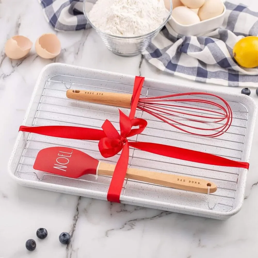 Rae Dunn 4-PC NOEL Baking Set Christmas Gift Spatula Baking Pan Whisk Recipe Red
